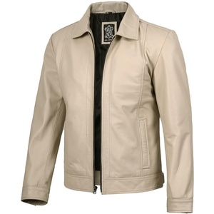 image:imageBlingsoul Vintage Distressed Leather Jacket for Men  Shirt Collar Genuine Lambskin Mens Leather JacketBeige