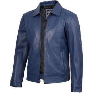 image:imageBlingsoul Vintage Distressed Leather Jacket for Men  Shirt Collar Genuine Lambskin Mens Leather JacketBlue