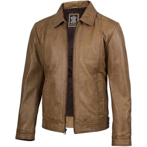 image:imageBlingsoul Vintage Distressed Leather Jacket for Men  Shirt Collar Genuine Lambskin Mens Leather JacketCamel Wax