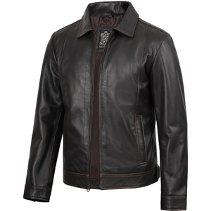 image:imageBlingsoul Vintage Distressed Leather Jacket for Men  Shirt Collar Genuine Lambskin Mens Leather JacketDark Brown Rub Off