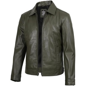 image:imageBlingsoul Vintage Distressed Leather Jacket for Men  Shirt Collar Genuine Lambskin Mens Leather JacketGreen