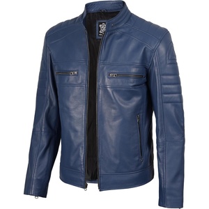 image:imageBlingsoul Mens Leather Jacket  Real Lambskin Motorcycle Cafe Racer Biker Style JacketBlue