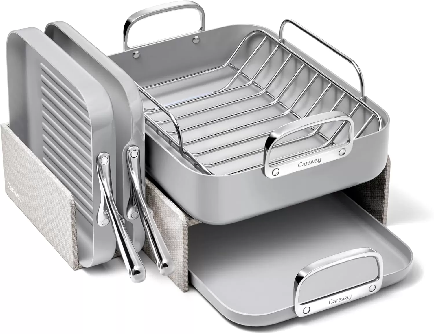 imageCaraway Square Cookware Set  Square Pans Set  Perfect for Griddling Toasting Searing Roasting and More  NonStick Ceramic Coated Pans  Non Toxic PTFE ampamp PFOA Free  CreamGray