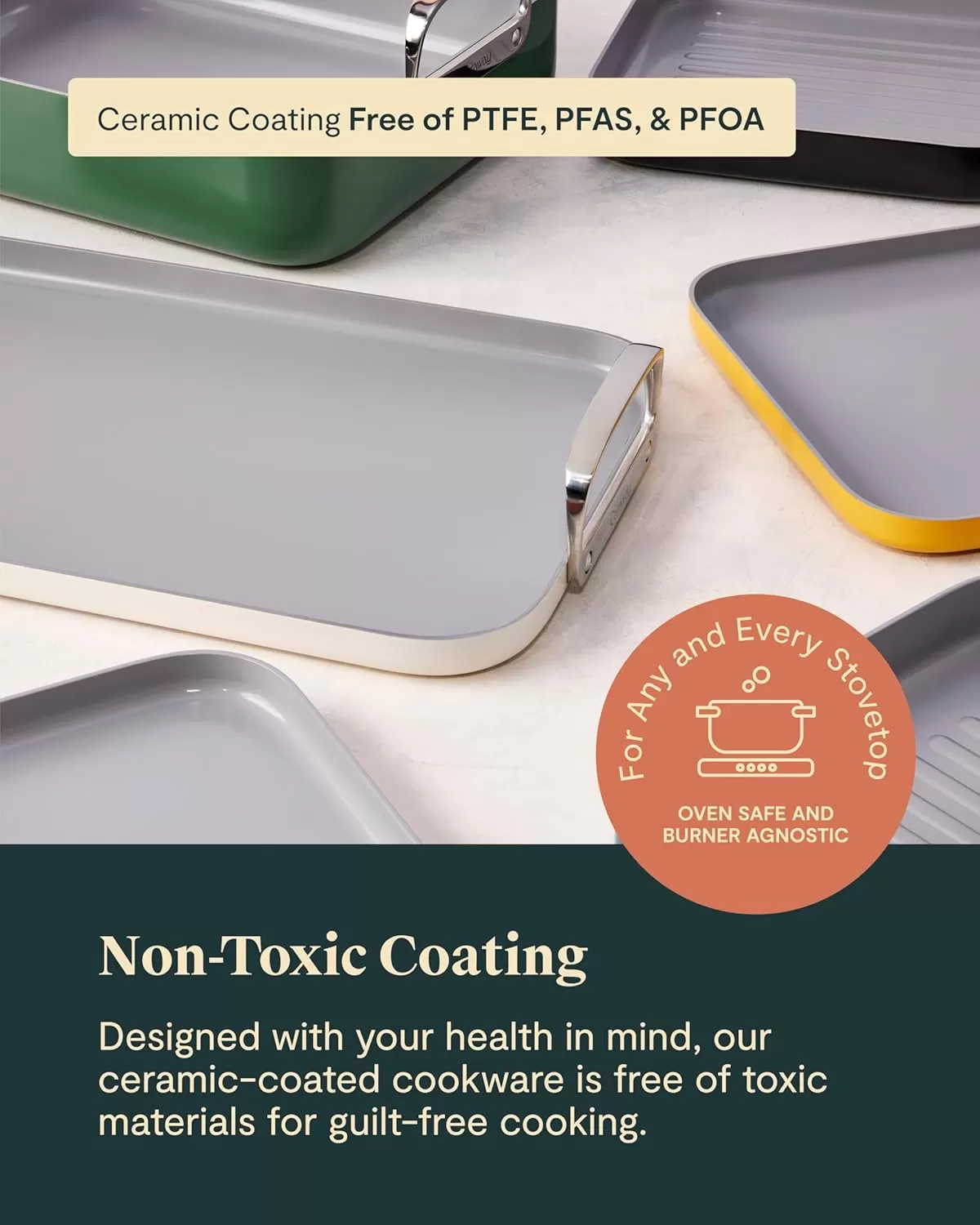 imageCaraway Square Cookware Set  Square Pans Set  Perfect for Griddling Toasting Searing Roasting and More  NonStick Ceramic Coated Pans  Non Toxic PTFE ampamp PFOA Free  CreamGray