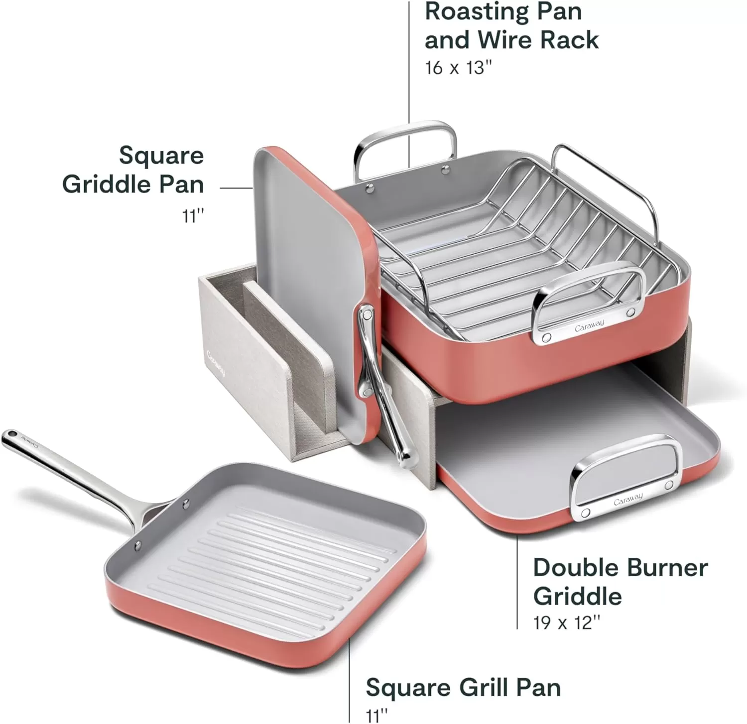 imageCaraway Square Cookware Set  Square Pans Set  Perfect for Griddling Toasting Searing Roasting and More  NonStick Ceramic Coated Pans  Non Toxic PTFE ampamp PFOA Free  CreamPerracotta
