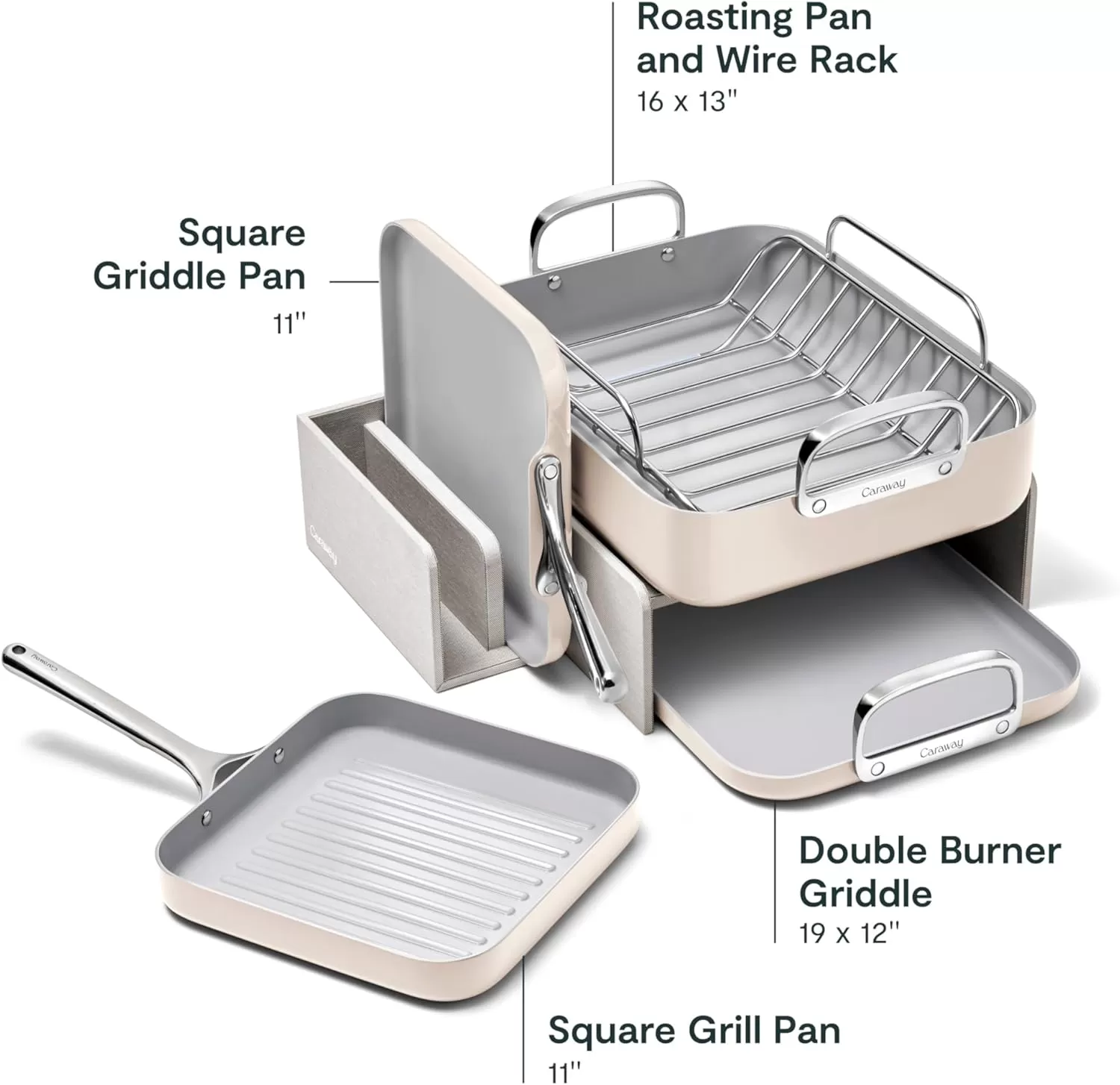 imageCaraway Square Cookware Set  Square Pans Set  Perfect for Griddling Toasting Searing Roasting and More  NonStick Ceramic Coated Pans  Non Toxic PTFE ampamp PFOA Free  CreamCream