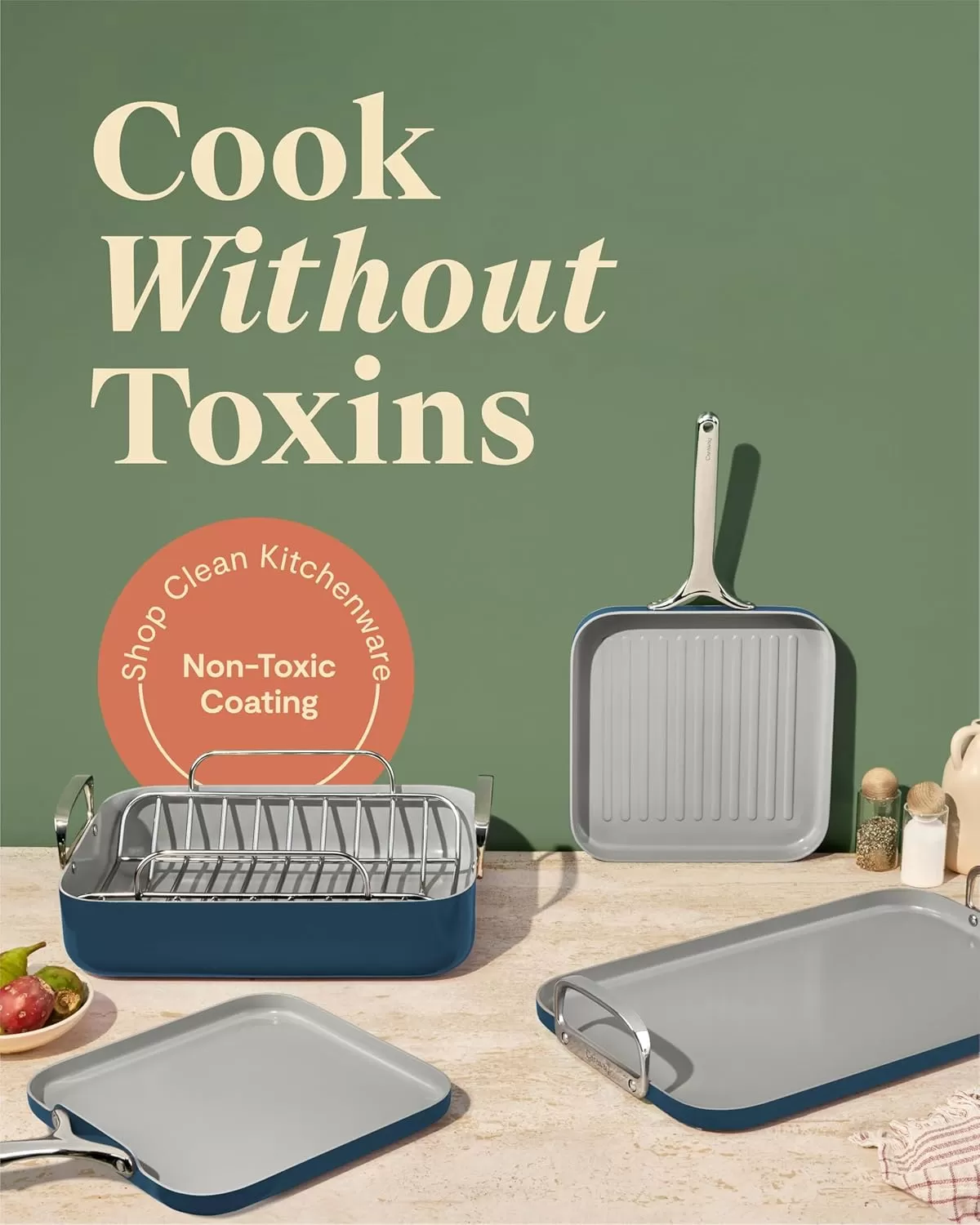 imageCaraway Square Cookware Set  Square Pans Set  Perfect for Griddling Toasting Searing Roasting and More  NonStick Ceramic Coated Pans  Non Toxic PTFE ampamp PFOA Free  CreamNavy