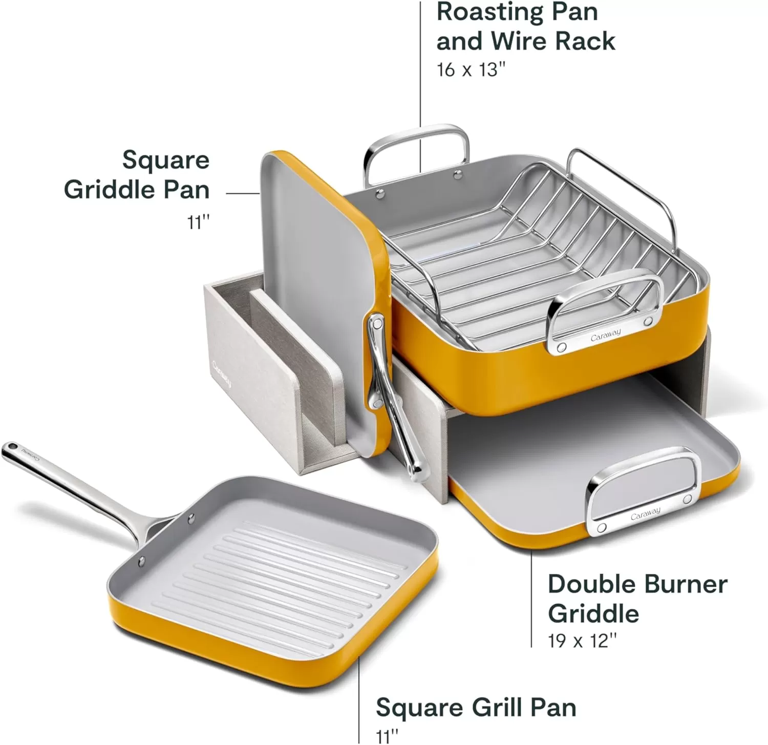 imageCaraway Square Cookware Set  Square Pans Set  Perfect for Griddling Toasting Searing Roasting and More  NonStick Ceramic Coated Pans  Non Toxic PTFE ampamp PFOA Free  CreamMarigold