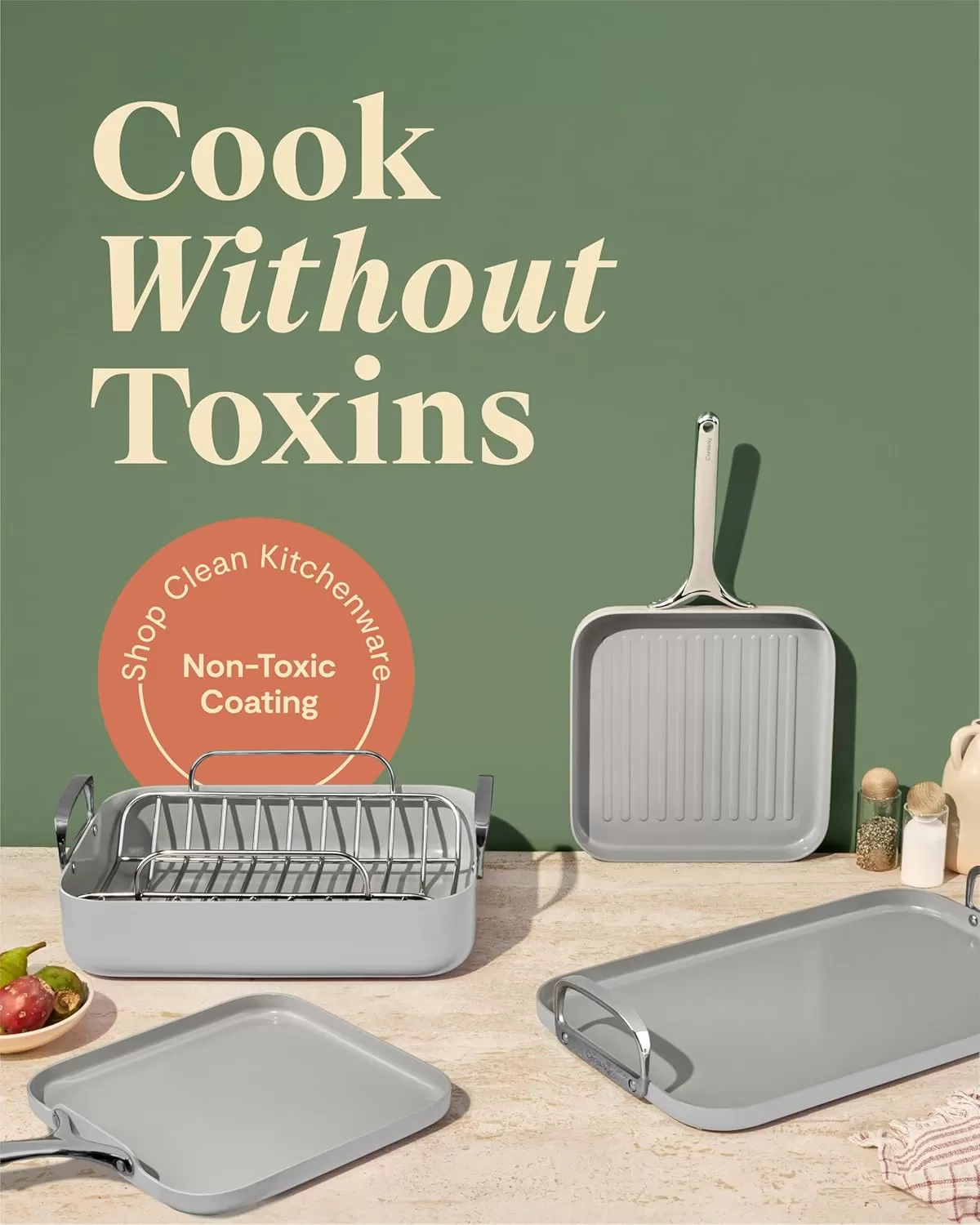 imageCaraway Square Cookware Set  Square Pans Set  Perfect for Griddling Toasting Searing Roasting and More  NonStick Ceramic Coated Pans  Non Toxic PTFE ampamp PFOA Free  CreamGray