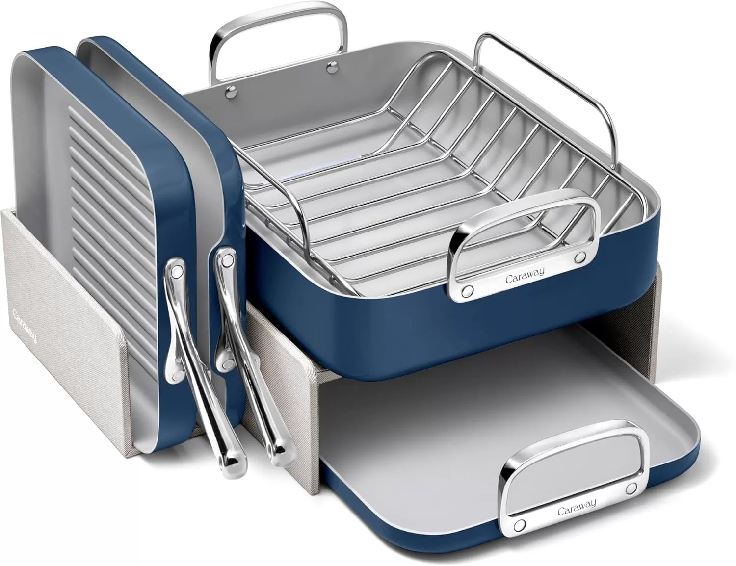 imageCaraway Square Cookware Set  Square Pans Set  Perfect for Griddling Toasting Searing Roasting and More  NonStick Ceramic Coated Pans  Non Toxic PTFE ampamp PFOA Free  CreamNavy