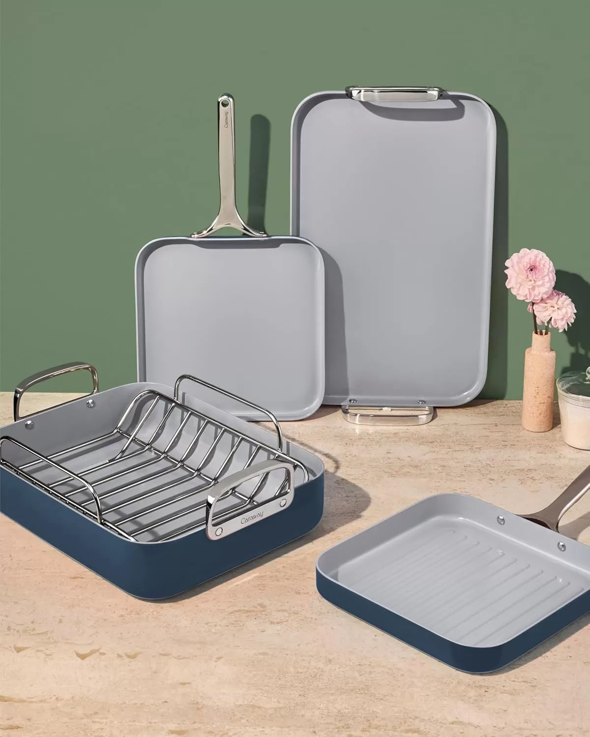 imageCaraway Square Cookware Set  Square Pans Set  Perfect for Griddling Toasting Searing Roasting and More  NonStick Ceramic Coated Pans  Non Toxic PTFE ampamp PFOA Free  CreamSage