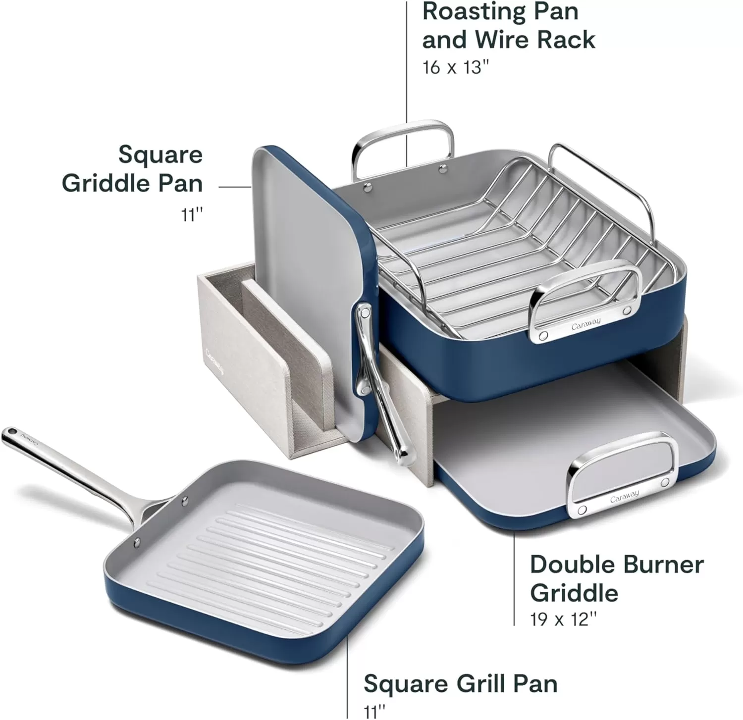 imageCaraway Square Cookware Set  Square Pans Set  Perfect for Griddling Toasting Searing Roasting and More  NonStick Ceramic Coated Pans  Non Toxic PTFE ampamp PFOA Free  CreamNavy