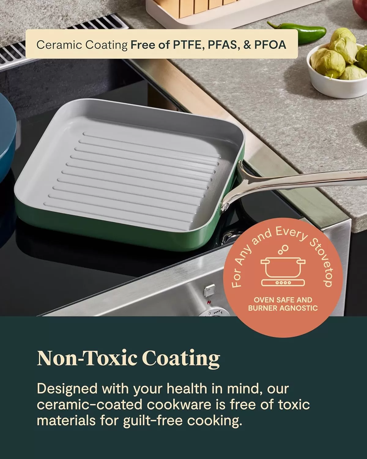 imageCaraway Square Grill Pan  11 Grill Pan  NonStick Ceramic Coated  Non Toxic PTFE ampamp PFOA Free  Oven Safe ampamp Compatible with All Stovetops  CreamGray
