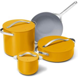 imageCaraway Cookware Collection  Specialty Cookware Set  Petite Cooker Stir Fry Pan Rondeau ampamp Stock Pot  3 Lids ampamp Storage Organizer Included  CreamMarigold