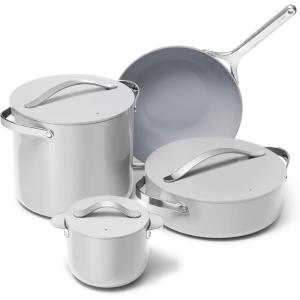 imageCaraway Cookware Collection  Specialty Cookware Set  Petite Cooker Stir Fry Pan Rondeau ampamp Stock Pot  3 Lids ampamp Storage Organizer Included  CreamGray