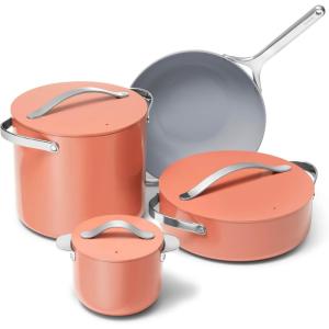 imageCaraway Cookware Collection  Specialty Cookware Set  Petite Cooker Stir Fry Pan Rondeau ampamp Stock Pot  3 Lids ampamp Storage Organizer Included  CreamPerracotta