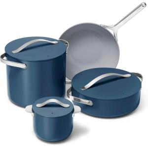 imageCaraway Cookware Collection  Specialty Cookware Set  Petite Cooker Stir Fry Pan Rondeau ampamp Stock Pot  3 Lids ampamp Storage Organizer Included  CreamNavy