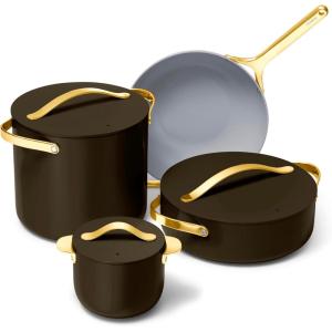 imageCaraway Cookware Collection  Specialty Cookware Set  Petite Cooker Stir Fry Pan Rondeau ampamp Stock Pot  3 Lids ampamp Storage Organizer Included  CreamBlack