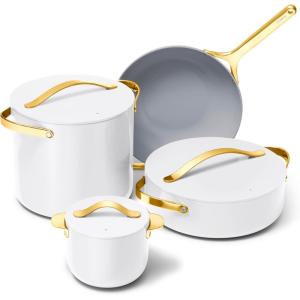 imageCaraway Cookware Collection  Specialty Cookware Set  Petite Cooker Stir Fry Pan Rondeau ampamp Stock Pot  3 Lids ampamp Storage Organizer Included  CreamWhite