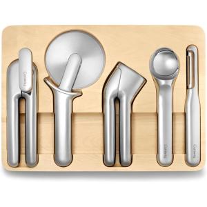 imageCaraway Kitchen Gadget Set  5 Piece Kitchen Essentials  Stainless Steel  Includes Can Opener Pizza Cutter Garlic Press Ice Cream Scoop Vegetable Peeler and Storage Organizer