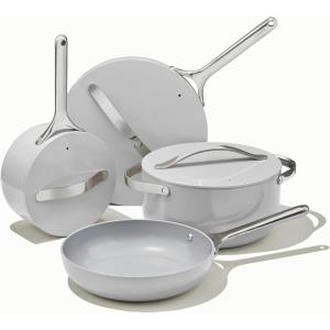 imageCaraway Nonstick Ceramic Cookware Set 12 Piece Pots Pans 3 Lids and Kitchen Storage  Non Toxic  Oven Safe ampamp Compatible with All Stovetops  CreamGray