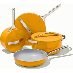 imageCaraway Nonstick Ceramic Cookware Set 12 Piece Pots Pans 3 Lids and Kitchen Storage  Non Toxic  Oven Safe ampamp Compatible with All Stovetops  CreamMarigold