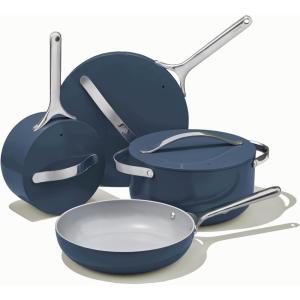 imageCaraway Nonstick Ceramic Cookware Set 12 Piece Pots Pans 3 Lids and Kitchen Storage  Non Toxic  Oven Safe ampamp Compatible with All Stovetops  CreamNavy