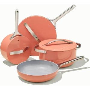 imageCaraway Nonstick Ceramic Cookware Set 12 Piece Pots Pans 3 Lids and Kitchen Storage  Non Toxic  Oven Safe ampamp Compatible with All Stovetops  CreamPerracotta