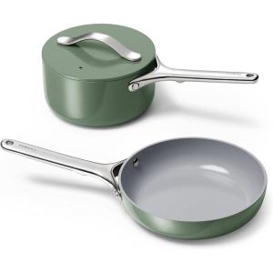 imageCaraway Mini Cookware Set  NonStick Ceramic Fry Pan 105 qt 8quot Sauce Pan 175 qt ampamp Storage Rack  Non Toxic PTFE ampamp PFOA Free  Oven Safe ampamp Stovetop Agnostic Gas Electric ampamp Induction  CreamCWMNFS104