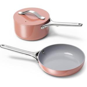 imageCaraway Mini Cookware Set  NonStick Ceramic Fry Pan 105 qt 8quot Sauce Pan 175 qt ampamp Storage Rack  Non Toxic PTFE ampamp PFOA Free  Oven Safe ampamp Stovetop Agnostic Gas Electric ampamp Induction  CreamCWMNFS105
