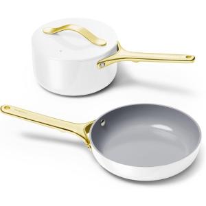 imageCaraway Mini Cookware Set  NonStick Ceramic Fry Pan 105 qt 8quot Sauce Pan 175 qt ampamp Storage Rack  Non Toxic PTFE ampamp PFOA Free  Oven Safe ampamp Stovetop Agnostic Gas Electric ampamp Induction  CreamWhite