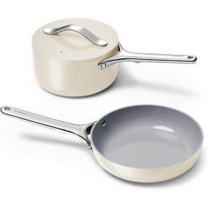 imageCaraway Mini Cookware Set  NonStick Ceramic Fry Pan 105 qt 8quot Sauce Pan 175 qt ampamp Storage Rack  Non Toxic PTFE ampamp PFOA Free  Oven Safe ampamp Stovetop Agnostic Gas Electric ampamp Induction  CreamCream