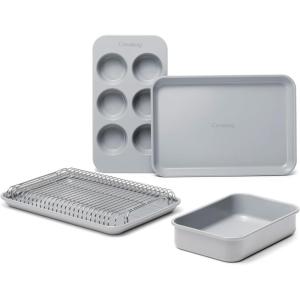 imageCaraway Mini Bakeware Set  Naturally NonStick NonToxic Ceramic Coating  Compact Baking Pans Set for Small Kitchens ampamp Ovens  Includes Baking Sheets Muffin Pan Cooling Rack ampamp Storage  CreamGray