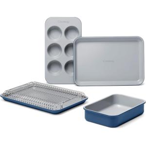 imageCaraway Mini Bakeware Set  Naturally NonStick NonToxic Ceramic Coating  Compact Baking Pans Set for Small Kitchens ampamp Ovens  Includes Baking Sheets Muffin Pan Cooling Rack ampamp Storage  CreamNavy