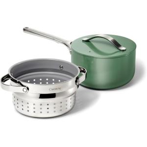 imageCaraway Nonstick 3 Qt Ceramic Sauce Pan with Lid ampamp Steamer  Non Toxic PTFE ampamp PFOA Free  Oven Safe ampamp Compatible with All Stovetops Gas Electric ampamp Induction  BlackGray