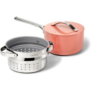 imageCaraway Nonstick 3 Qt Ceramic Sauce Pan with Lid ampamp Steamer  Non Toxic PTFE ampamp PFOA Free  Oven Safe ampamp Compatible with All Stovetops Gas Electric ampamp Induction  BlackPeracotta