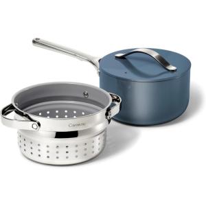 imageCaraway Nonstick 3 Qt Ceramic Sauce Pan with Lid ampamp Steamer  Non Toxic PTFE ampamp PFOA Free  Oven Safe ampamp Compatible with All Stovetops Gas Electric ampamp Induction  BlackNavy