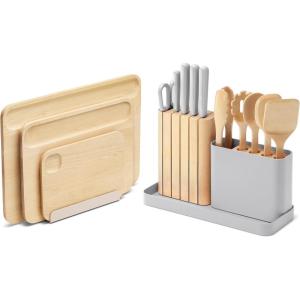 imageCaraway Kitchen Prep ampamp Cutting Board Set  Kitchen Knife Set ampamp Wooden Utensil Set ampamp 3 Wood Cutting Boards  NonToxic Materials  Includes Organizers  CreamGray