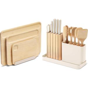 imageCaraway Kitchen Prep ampamp Cutting Board Set  Kitchen Knife Set ampamp Wooden Utensil Set ampamp 3 Wood Cutting Boards  NonToxic Materials  Includes Organizers  CreamCream