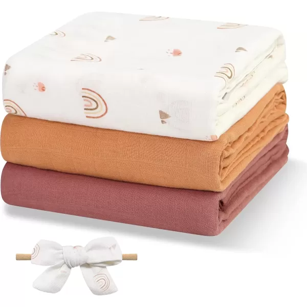 imagePapablic Muslin Swaddle Blankets 3Pack Soft Silky Swaddle Blankets for Boys and Girls Cotton Receiving Blanket with 1 Hair Bows Solid ColorRainbows Large 47 x 47 inchesSolid Rainbow