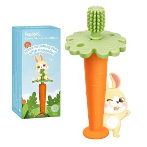 imagePapablic Baby Toothbrush 6 to 12 Months 360 Carrot Teether for Baby Silicone Teethers for Babies Infant Toothbrush Teething Toys with Suction Base