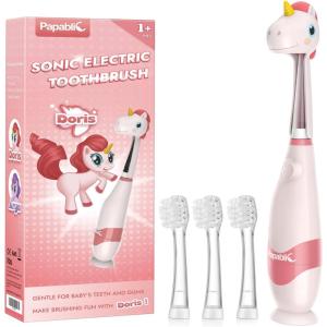 imagePapablic Toddler Sonic Electric Toothbrush for Ages 13 Years Baby Electric Toothbrush with Cute Dino Cover and Smart LED Timer 4 Brush Heads Max4 Brush Heads Doris
