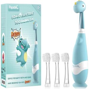 imagePapablic Toddler Sonic Electric Toothbrush for Ages 13 Years Baby Electric Toothbrush with Cute Dino Cover and Smart LED Timer 4 Brush Heads Max4 Brush Heads Debby