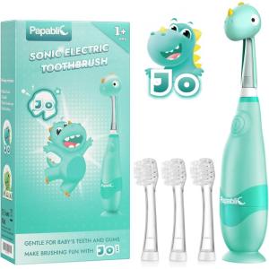imagePapablic Toddler Sonic Electric Toothbrush for Ages 13 Years Baby Electric Toothbrush with Cute Dino Cover and Smart LED Timer 4 Brush Heads Max4 Brush Heads Jo