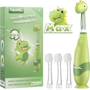 imagePapablic Toddler Sonic Electric Toothbrush for Ages 13 Years Baby Electric Toothbrush with Cute Dino Cover and Smart LED Timer 4 Brush Heads Max4 Brush Heads Max