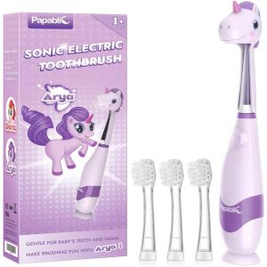 imagePapablic Toddler Sonic Electric Toothbrush for Ages 13 Years Baby Electric Toothbrush with Cute Dino Cover and Smart LED Timer 4 Brush Heads Max4 Brush Heads Arya