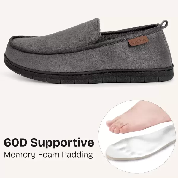 imageEverFoams Mens Microsuede Moccasin Slippers Memory Foam IndoorOutdoor House Shoes with Coral Fleece LiningSteel Gray