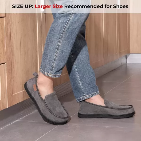 imageEverFoams Mens Microsuede Moccasin Slippers Memory Foam IndoorOutdoor House Shoes with Coral Fleece LiningSteel Gray
