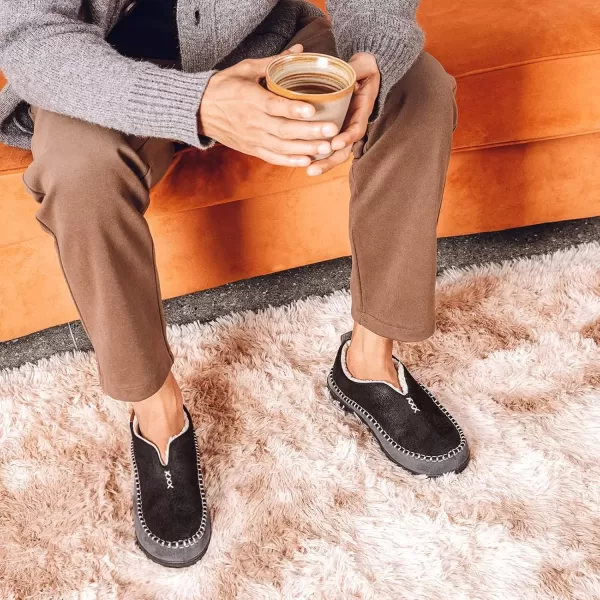 imageEverFoams Mens Moccasin Slippers Memory Foam IndoorOutdoor Warm Suede House Shoes with Fuzzy Sherpa LiningBlack