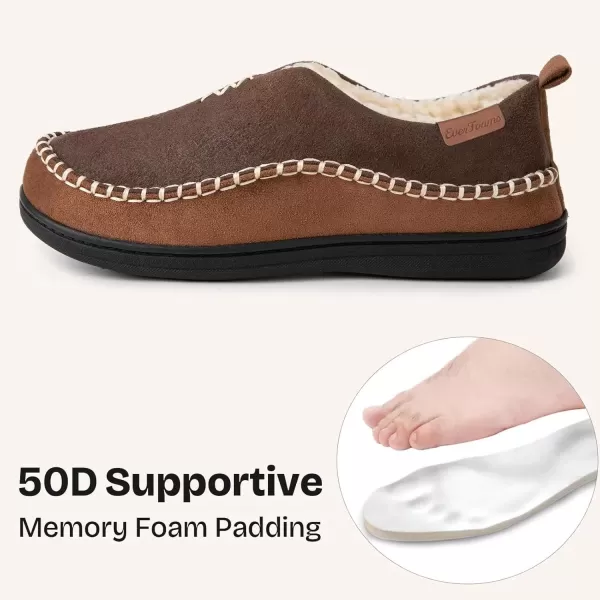 imageEverFoams Mens Moccasin Slippers Memory Foam IndoorOutdoor Warm Suede House Shoes with Fuzzy Sherpa LiningCoffee